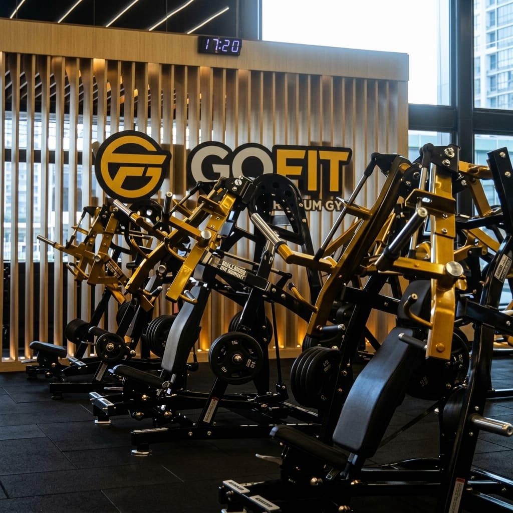 Fileira de máquinas de musculação pretas e amarelas diante do painel GOFIT